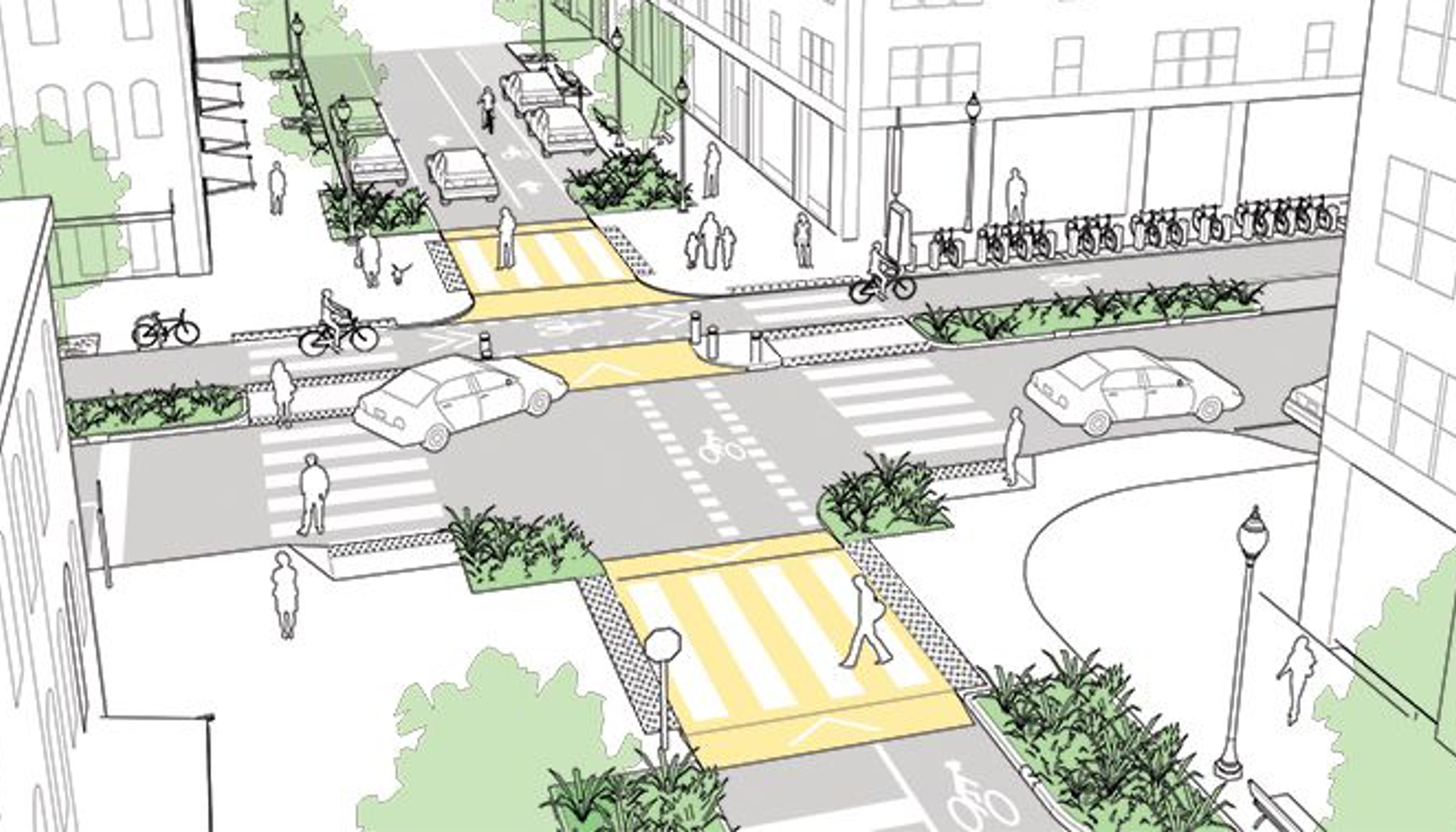 A sketch of a hypothetical intersection where all modes of transport are considered. Very wide sidewalks, a bike lane, and raised crossings and other features that make it safer for people outside cars.